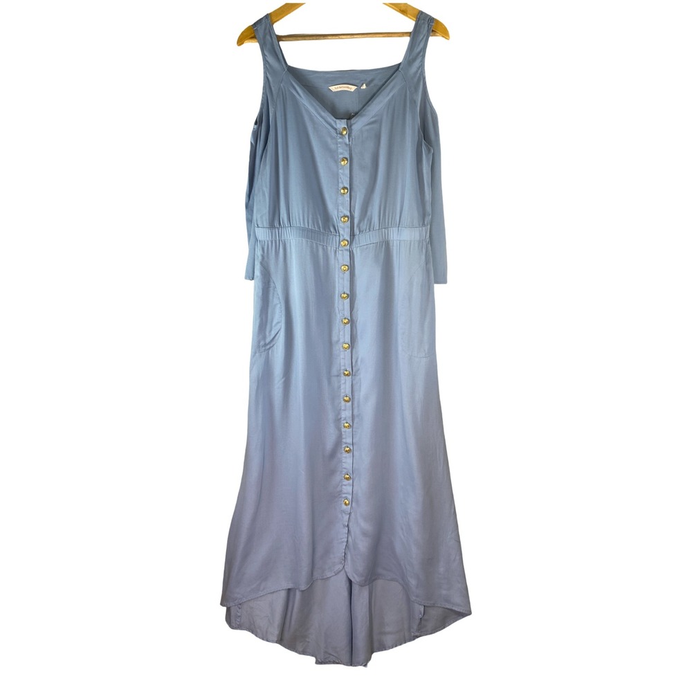 Soft‎ Surroundings Blue Tencel Maxi Dress Medium Cold Shoulder Gold Buttons